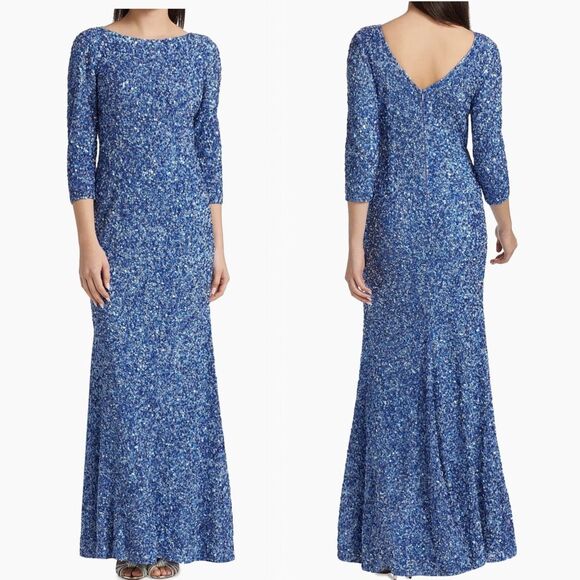 THEIA Three-Quarter Sleeve Sequin Sheath Gown US Size 6 $1400 - Picture 1 of 15